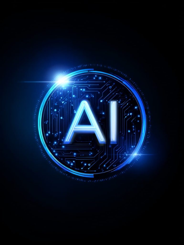 A logo with the letters AI in glowing royal blue letters inside a circle of digital space