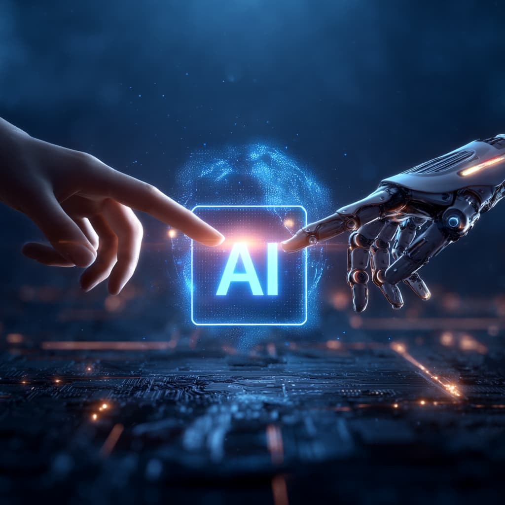 Futuristic digital concept with human hand reaching toward robot hand with the letters AI and an illuminate human brain between them