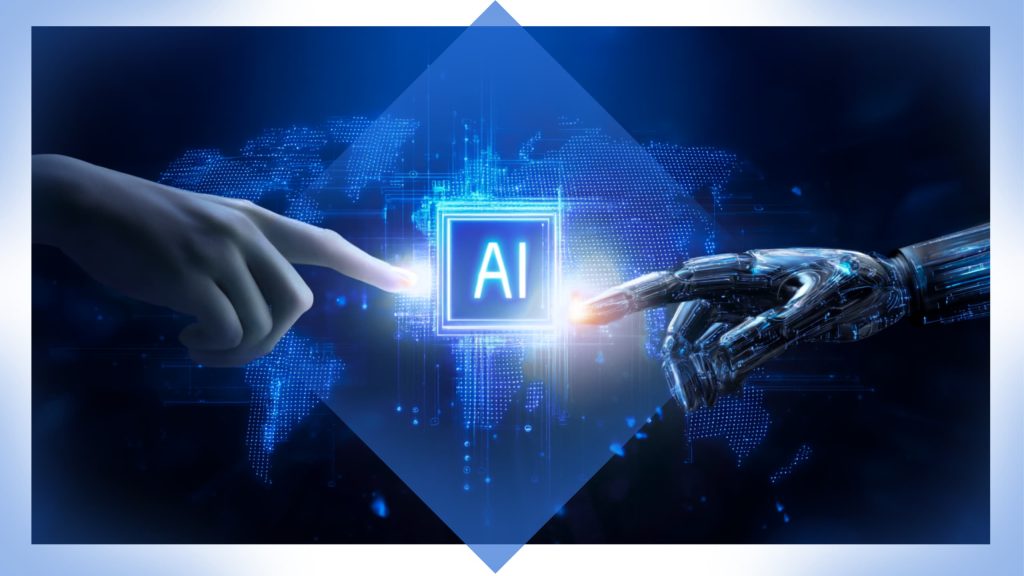 Image of human hand reaching toward robot hand with the letters AI overlaid over a world map with a triangle accent box surrounding the letters AI