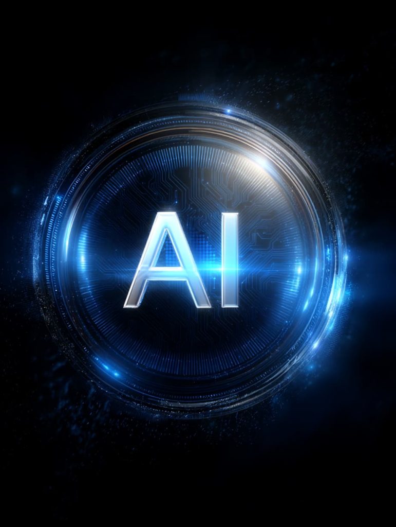 The letters AI in glowing royal blue representing the letters in digital landscape